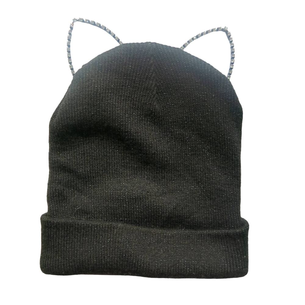 BEANIE Hat Kitty Cat Ears Rhinestone Sparkle One Size Black Hat Fall Knit Warm